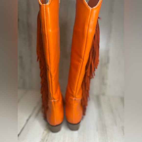 Knee High Faux Leather Tassel Fringe Pointed Toe Cowboy Boots- Orange Size 38 - Picture 12 of 16